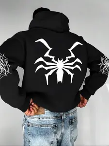 Men's Spider Print Fleece Hoodie, Unisex Casual Versatile Top, Comfortable Outdoor Wear for Fall & Winter, Loose-Fitting Style