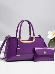 Two-Piece Women's Set Bag, Bright PU Shoulder Clutch, Casual Plain Design, All-Season Handbag, Stylish Crossbody for Shopping