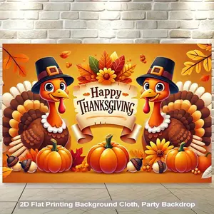 1pc 2D Flat Thanksgiving Turkey Pumpkin Fall Harvest Wall Hanging Backdrop Banner Happy Thanksgiving Lettering Autumn Leaves Pilgrim Turkeys - Vibrant Decor Home Office pty - Easy - to - Hang Adh