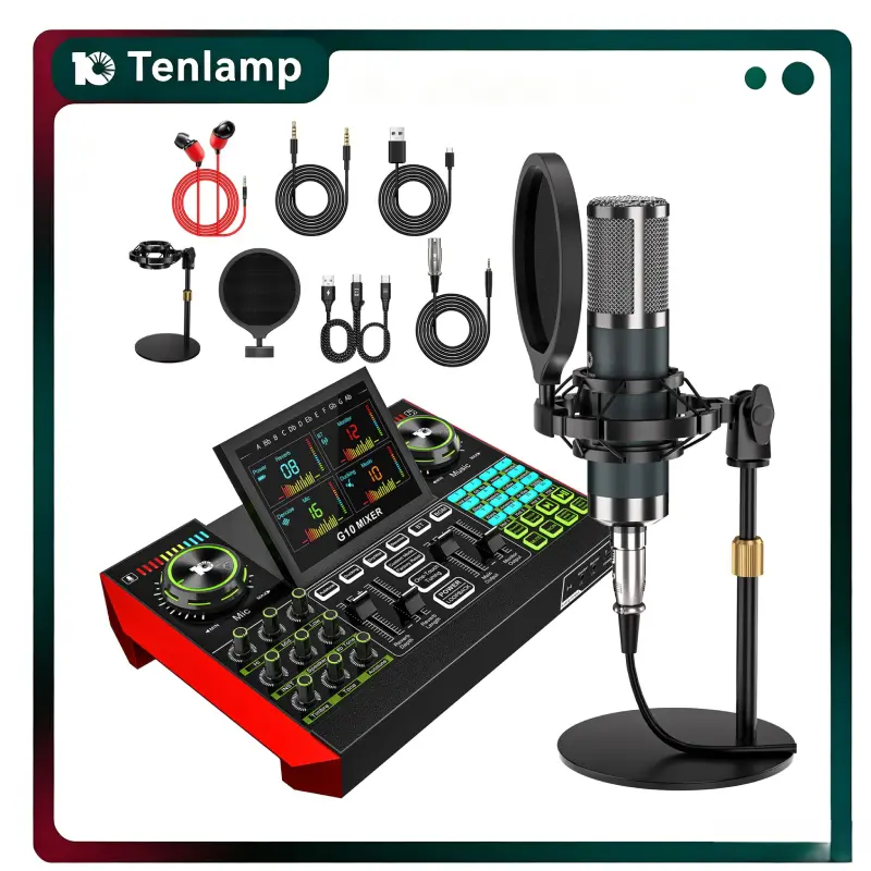 Tenlamp G10-P15 USB Sound Card Mixer Kit with Condenser Microphone, Customizable Sound Effects, 2-Level DSP Noise Reduction, Computer Audio Mixing, USB Cable, ABS Plastic Body, Surface Mount Design, Box-Packaged for Live Streaming, Gaming