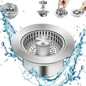 Upgraded 3 in 1 Kitchen Sink Drain Strainer Stopper, Brushed Stainless Steel SUS 304 Pop Up Sink Drain Stopper for Standard 3-1/2 Inch Drain Anti-Clogging Odor Prevention
