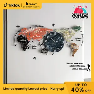 Homary 29.1"x13.4" Iron-Acrylic-Glass Modern Round Oversized World Map Wall Clock - Battery-Operated Gold-Tone Home Decor for Living Room