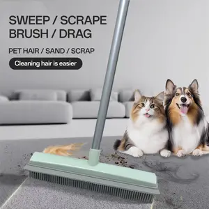 Rubber Broom Pet Hair Remover for Carpet with Squeegee - 50" (130cm) Sturdy 4-Piece Sectional Handle, 3-Level Adjustable Height Silicone Broom for Rugs, Tile, Hardwood Floors & Windows