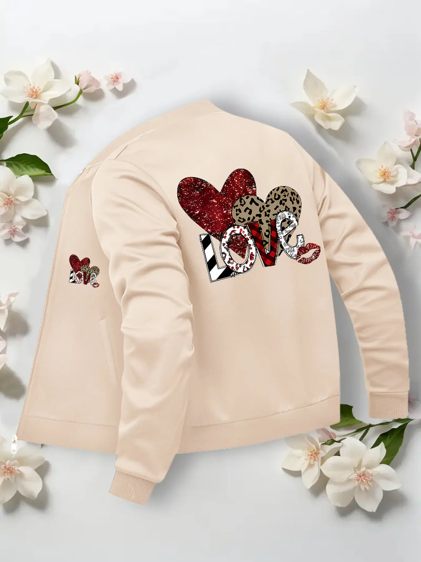 Heart & Letter Print Zipper Nurse Jacket, Comfortable Fashion Workwear, Casual Long Sleeve Fitted Design, Fall & Winter Pockets