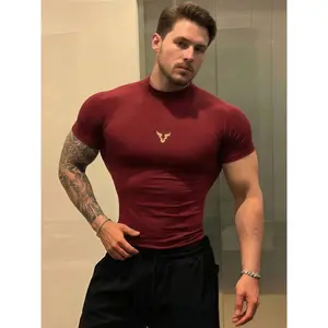 1pc Men's Muscle Fit Gym Workout Tee, High Stretch & Breathable  Mock Neck Top, Soft & Comfortable Compression Shirt with Bull Logo, Viral Gym & Streetwear Essential, Fitness Activewear