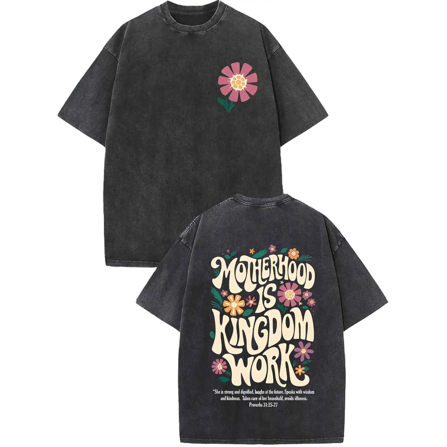230g Washed Cotton Crew Neck Short-Sleeve Top, MOTHERHOOD IS KINGDOM WORK, Innovative Double-Sided Pattern, New Spring And Summer Style For Men And Women, Trendy Fashion Apparel, Loose Clothing With Vintage Distressed Design Sense