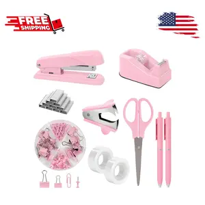 Pink Office Desk Accessories, Stapler, Tape Dispenser, Scissors, Clips and 1000pcs Staples