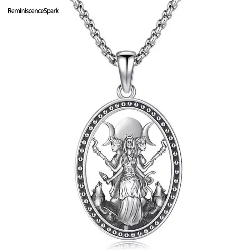 Hecate Goddess Amulet Necklace, Silver-Tone Oval Pendant for Spiritual Protection and Divine Guidance, Unisex Mystic Witch Jewelry for Daily Wear