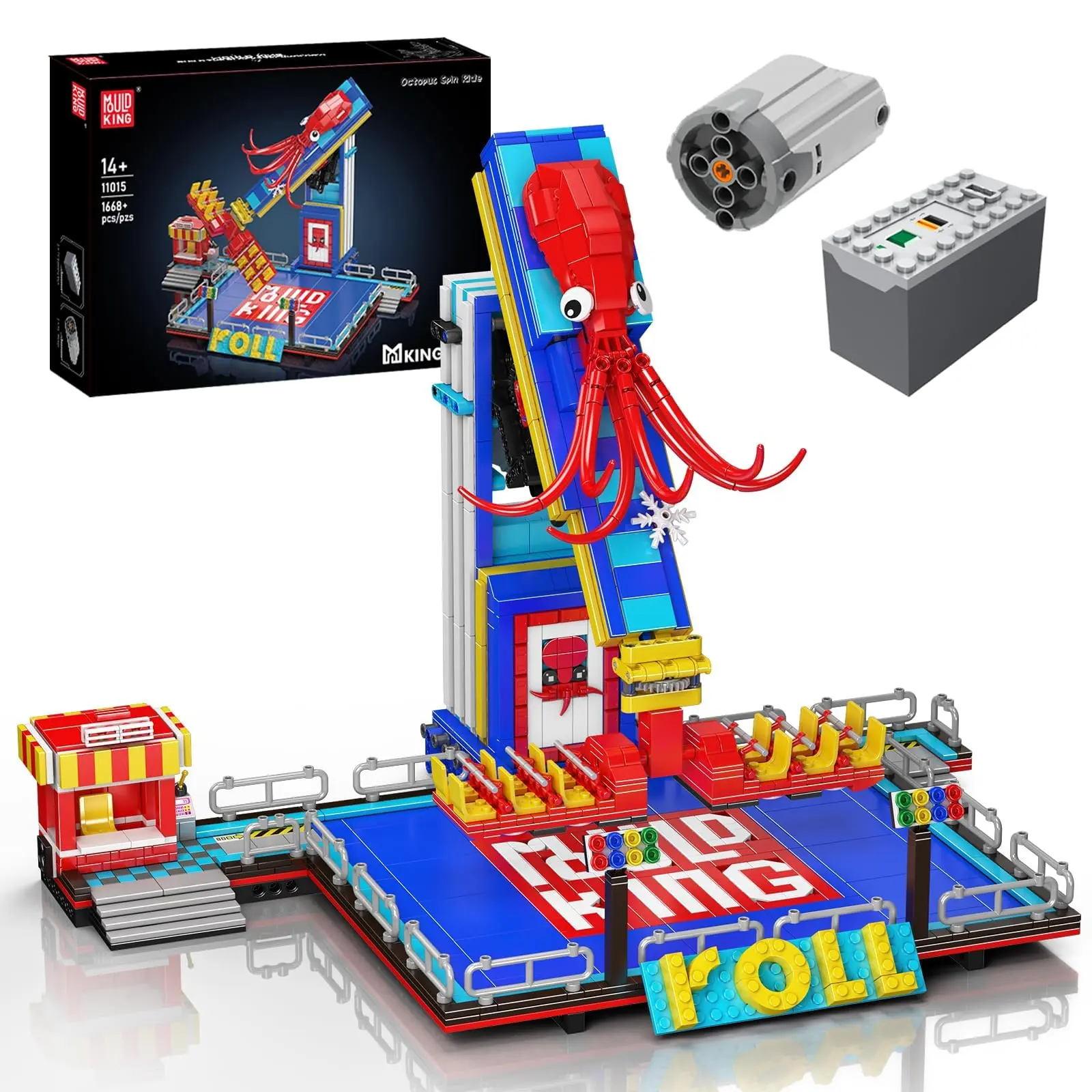 Mould King 11015 Motorized Fantasy Amusement Park Octopus Spinner Ride Building Kit - 1668+ High-Precision BPA-Free ABS Plastic Bricks & Parts, 1-Month Support, STEM Toy for 12+ Teens