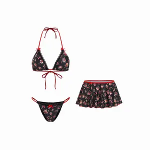 Cider V-neck Floral Bowknot Halter Bikini Set & Cover Up Skirt SwimWeek