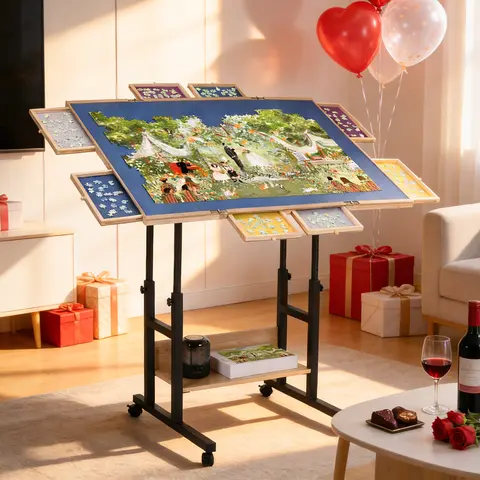 FUNTOK Rotating Puzzle Board Table - Wood-Steel Folding Table for 1500/2000pc Puzzles, 360° Rotation, Adjustable Height, 5-Tilting Angles, Rolling Wheels, Drawers, Transparent Cover, Non-Slip Felt Surface, 38.0"x24.9"x28.8"/40.9"x32.3"x39.4", Adult Gift