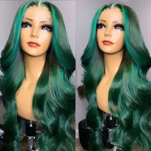QD-Tizer Doule Green Color Body Wave Long Hair Wigs 13x4 HD Glueless Synthetic Lace Front Wigs for Women Pre Plucked Heat Resistant Fiber Hair suitable for Daily Wear Cosplay