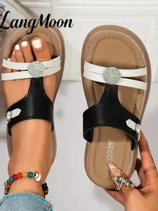 Langmoon 2026 Water Drill Flip Flops, Classic Colorblock, Rhinestone Round Buckle, Thick Sole Design, Lightweight Breathable