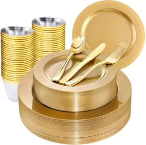 180PCS Gold Plastic Dinner Plate Chargers Set - Round Floral Pattern Decorative Plates for Wedding, Birthday Dinner, Baby Shower, Engagement Party, Family Gathering, Holiday Celebration, Outdoor Meal, Afternoon Tea, Kitchen Dinner Table Decoration