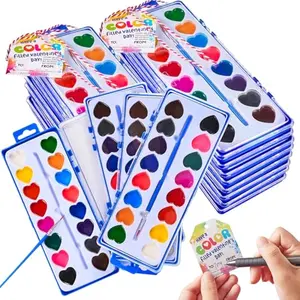 24 Pcs Valentines Day Heart-Shaped Watercolor Paints, 16 Colors Paint Palettes with Brushes & Gift Tags & Ropes, Valentines Day Arts for Kids Crafts DIY Activity Classroom Gifts Party Favors