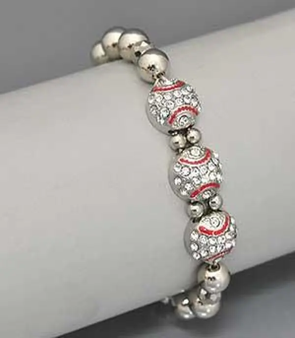 Everything Baseball Sports Jewelry Gift - 3 Crystal Baseballs Stretch Bracelet