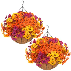 2pcs Artificial Hanging Flowers Baskets with 24 Realistic Pansies & Eucalyptus - UV-Resistant Outdoor/Indoor Fall Decor for Porch, Patio, Balcony, Yard - Includes Hanging Baskets & Greenery
