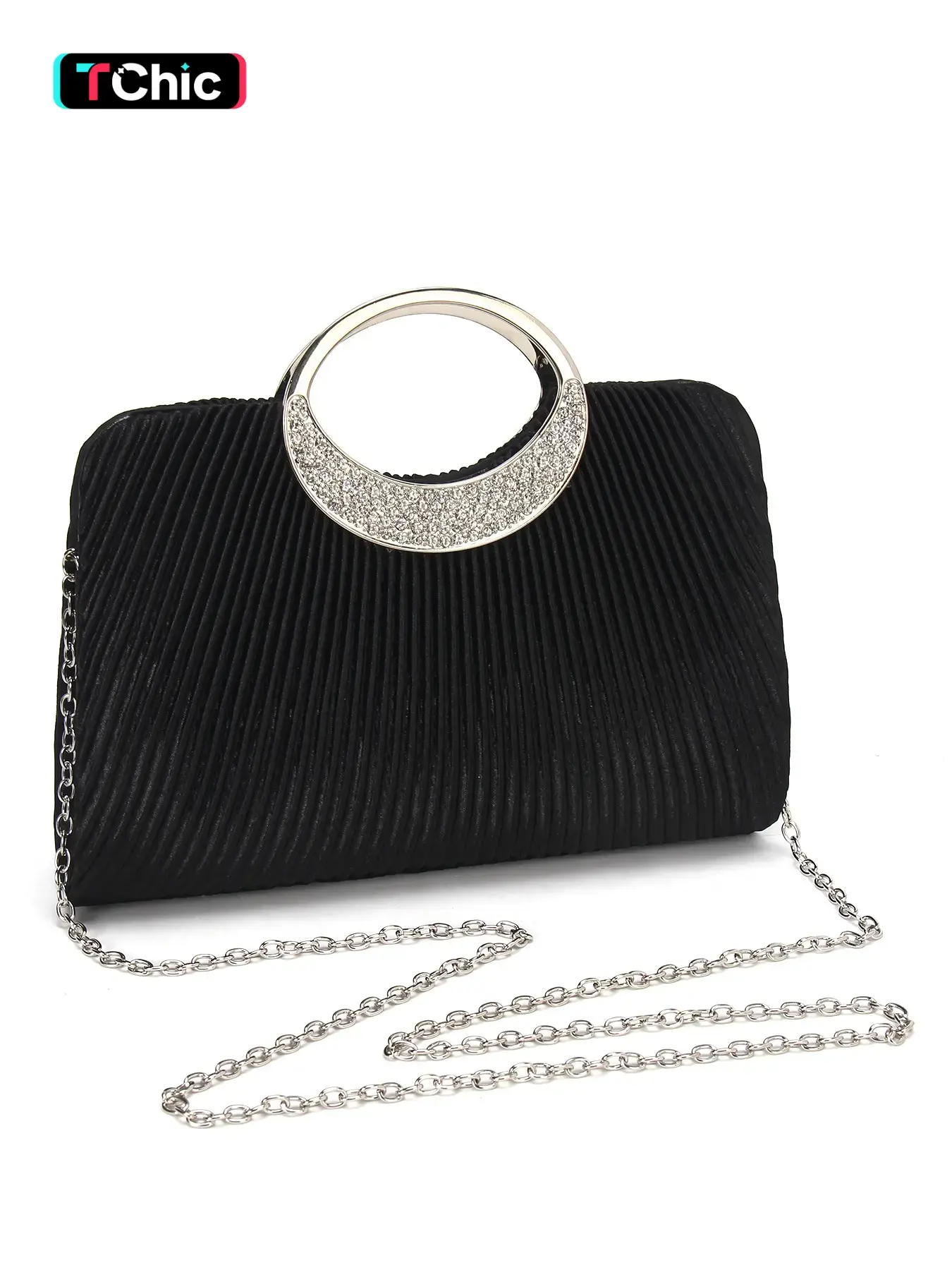 Satin-finished pleated ladies' evening, handbag, or tote with diamond-studded handles, features a detachable shoulder strap for crossbody wear, magnetic closure, ideal for weddings, parties, banquets, gifts, and more, Stylish handbag