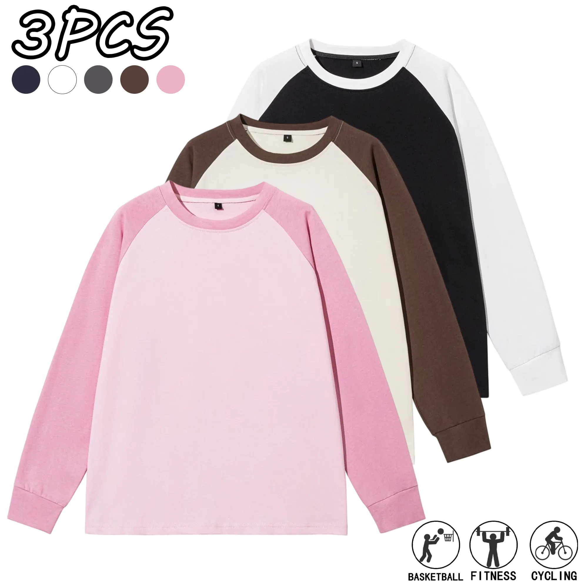 3-pack; Men’s pure cotton retro color-block long-sleeve T-shirt; breathable casual loose slim-fit basic shirt; crewneck top for everyday commuting, streetwear, and outdoor activities; pullover running T-shirt; menswear; tshirts unisex gym vintage gift