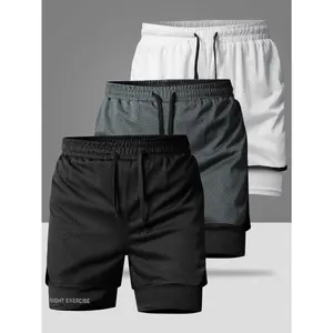 Three Men's Sports Shorts Casual Sporty Style, Double Layer Design with Snug Inner Layer and Breathable Mesh Outer Layer, Drawstring Waistband for Adjustable Fit, Side Details are Simple and Streamlined, Perfect for Daily Night Runs, Unrestricted Moveme