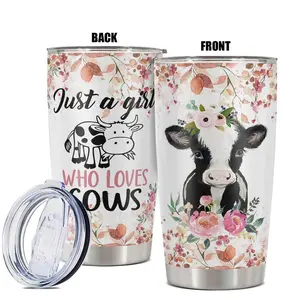 20oz Tumbler, 1 Count Floral & Cow Pattern Stainless Steel Cup, Insulated and Durable Cup, Perfect for Everyday Use, Drinkware
