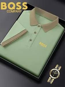 Men's Ff-5049 Classic Bqss Logo Print Polo Shirt, Casual Fitted Animal Print, Breathable Elastic Short Sleeve Top, All Seasons Wear, Breathable Polo Shirts