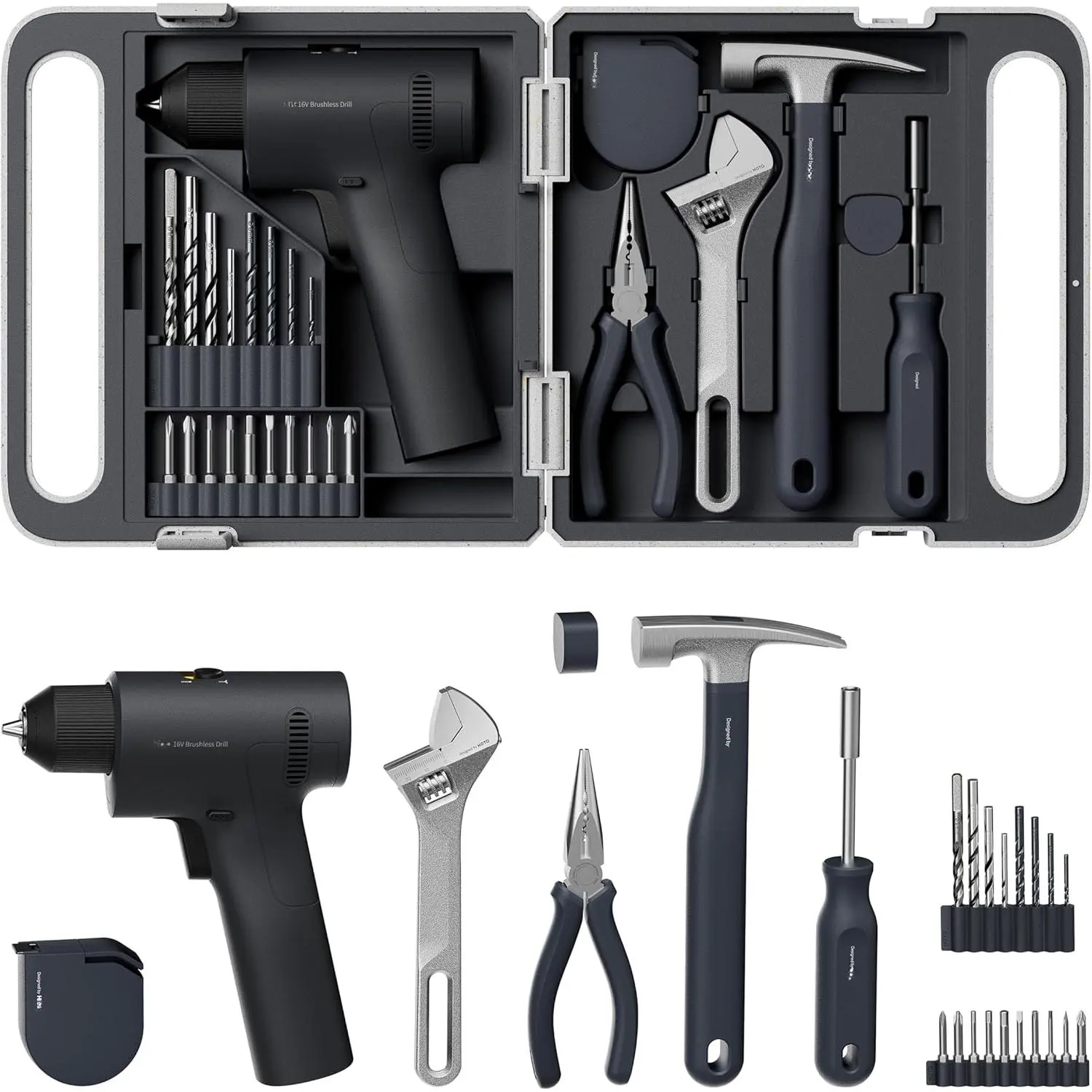 25PCS Household Tool Kit with 16V Brushless Drill, 3/8" Keyless Chuck, Smart Display, 50 N·m Torque, 32 Torque Settings, LED Light, Includes Hammer, Wrench, Pliers, 8 x Drill Bits, 10 x Bits