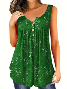 Elegant Plus Size Open Front Buttoned Casual Notched Neck Ruched Ditsy Floral Fitted Vest Top, Fashionable European and American Style, Women's Casual Summer Wear, Elegant Fitted Sleeveless