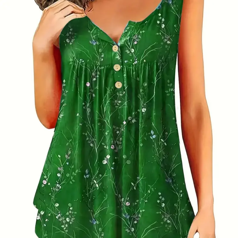Elegant Plus Size Open Front Buttoned Casual Boho Notched Neck Ruched Ditsy Floral Fitted Vest Top, Fashionable European and American Style, Women's Casual Summer Wear, Elegant Fitted Sleeveless Design, Boho Chic Sleeveless