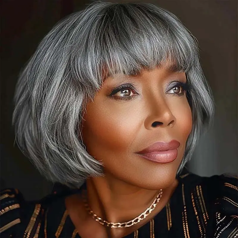 Mature Black Women's 6-Inch Silky Straight Salt & Pepper Silver Gray Fringe Bob Wig - 100% Human Hair Full Machine Wig with Bangs, Glueless Comfort Wear, Realistic Scalp, Easy Styling, Fit Daily & Office Use, Wigs