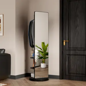 360° Rotating 69"x20" Multifunctional Full Length Mirror with Hook Storage Rack Coat Rack with Mirror Solid Wood Floor Mirror Bedroom Living Room Cloakroom Space Saving