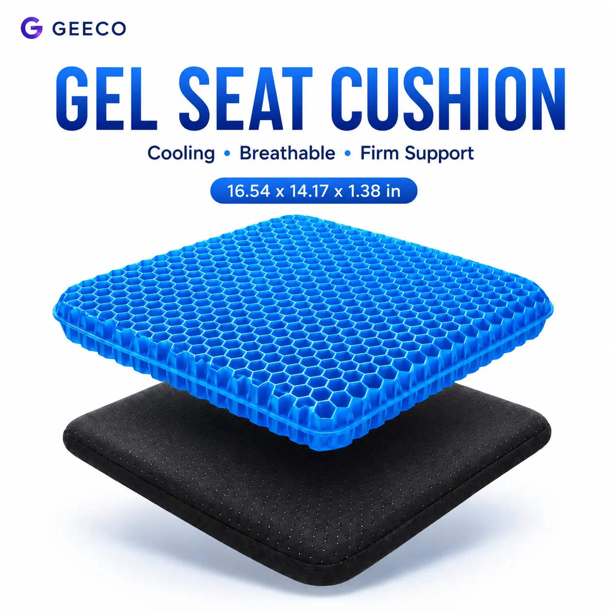 GEECO Honeycomb Gel Seat Cushion - Breathable Open-Cell Slim Profile Cooling Pressure Relief Pad with Non-Slip Washable Cover for Office Chair, Car (16.5"x14.2")