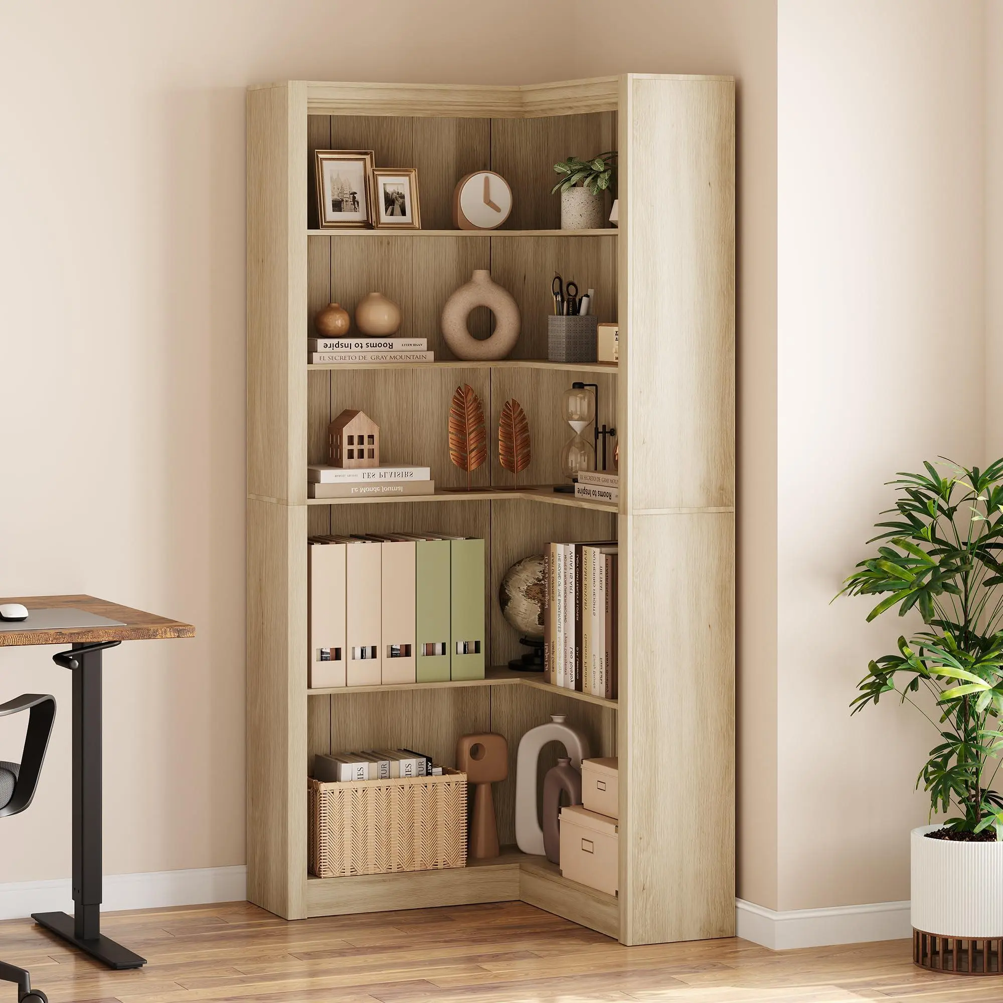 71.8in L-Shaped Farmhouse Corner Bookshelf, 5-Tier Heavy-Duty Display Storage Bookcase, Light Wood