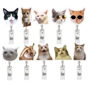 Funny Cat Emoji Stretchable Badge Roll, Random Styles, Cute Realistic Cat ID Badge Clip, Rotating Buckle, for Nurses, Teachers, Office Staff, Funny Badge Reel