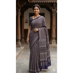 Modal Ajrakh saree without ladti patta  black