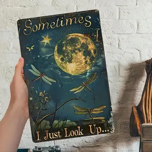 Vintage Moonlight Garden Aluminum Art Sign Featuring Starry Dandelion and Dragonfly Design Hand Painted Wall Decor for Patio Cafe Office Distressed Blue Metal Panel Rustic Outdoor Home Decor