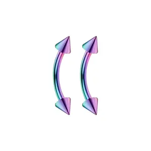 16G Surgical Steel PVD Rainbow Spike End Curved Eyebrow Barbells Vertical Labret Piercing Jewelry