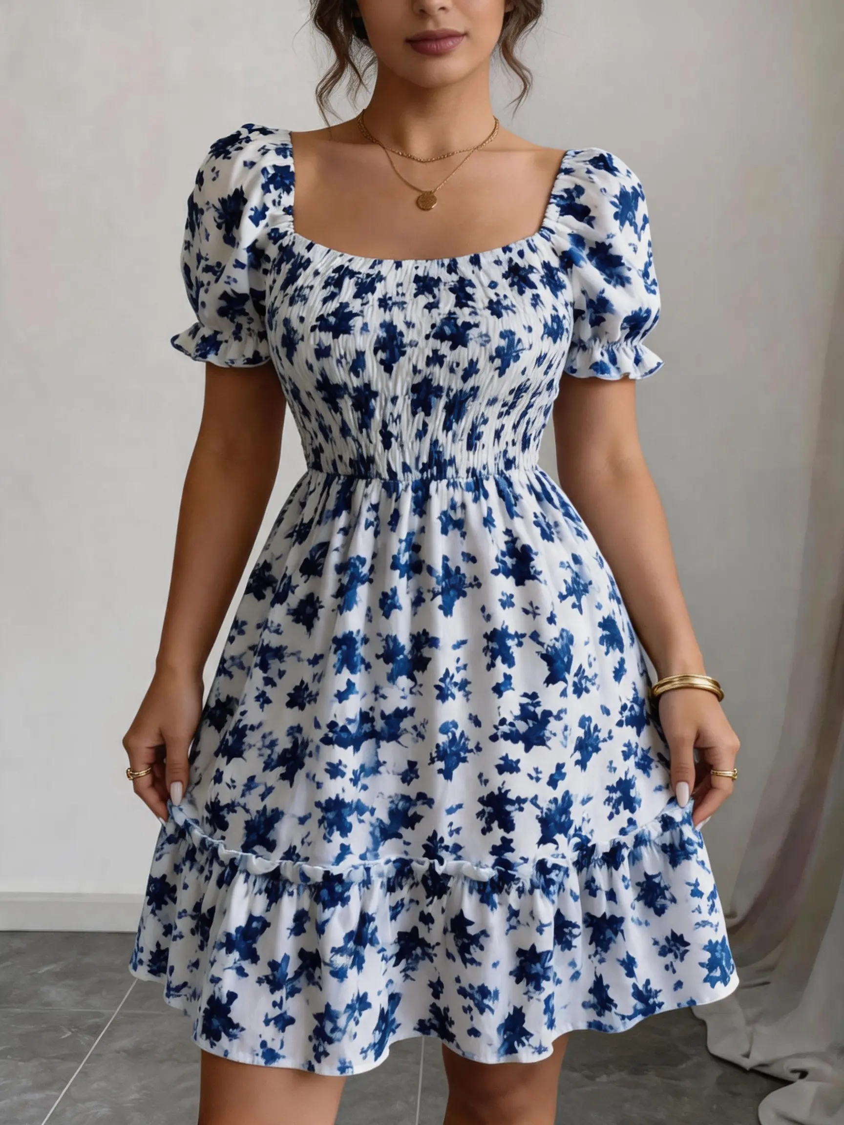 Women's Blue White Floral Print Smocked Dress - Square Neck Puff Sleeve Ruffle Hem Mini Dress