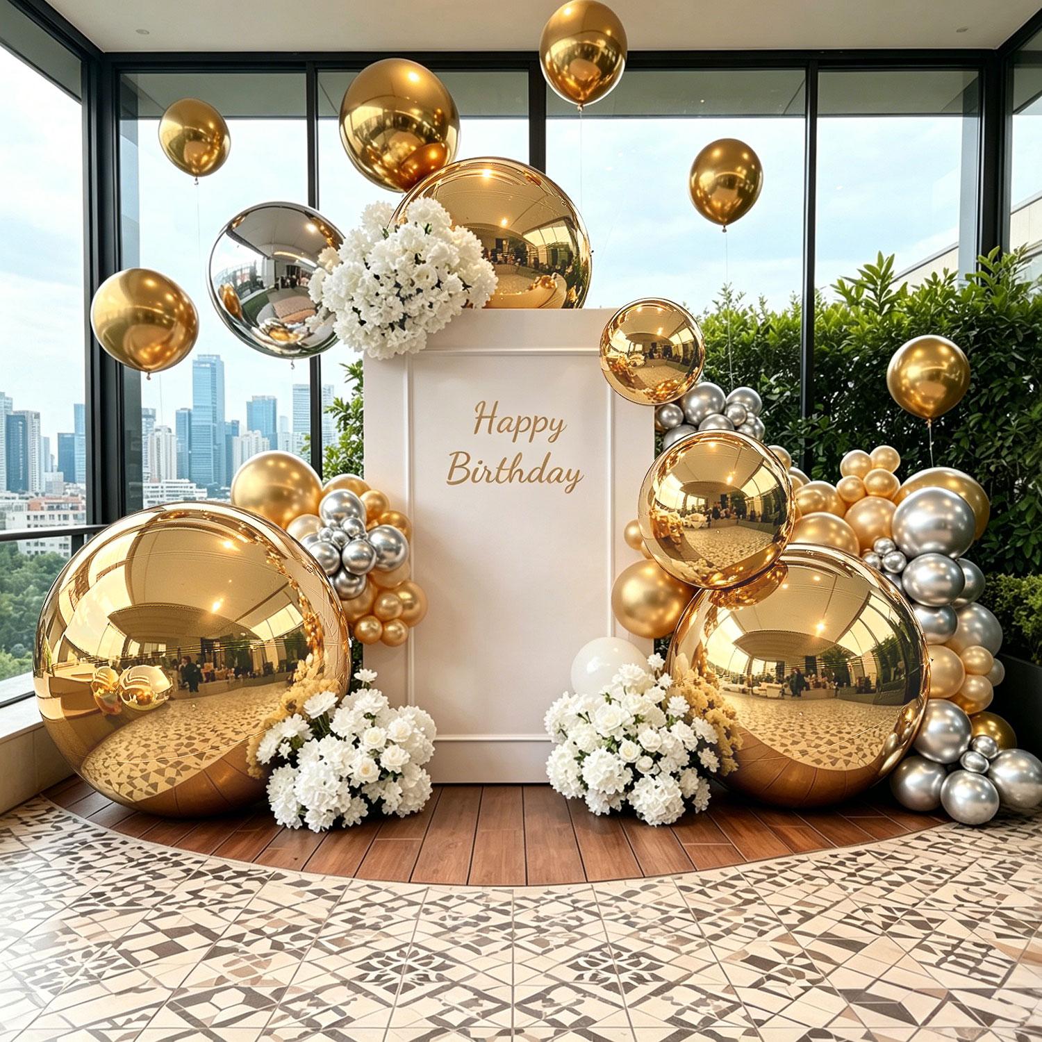 5 PCS Reflective Iridescent Silver Metallic Inflatable Mirror Ball Balloons Set with Pump - Reusable Giant PVC Spheres, Lightweight Party Decor for Festival, Outdoor Garden Home Supplies