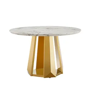 47" Round Marble Dining Table, Modern Kitchen Table with High Gloss Faux Marble Tabletop and Stainless Steel Base for Dining Room, Kitchen (Sliver,White)