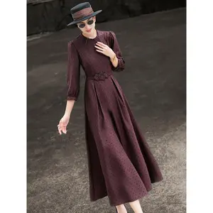 MEXCOCO 2025 autumn new style socialite retro dress with nail beads, waist cinching, lace up, big swing wave point dress
