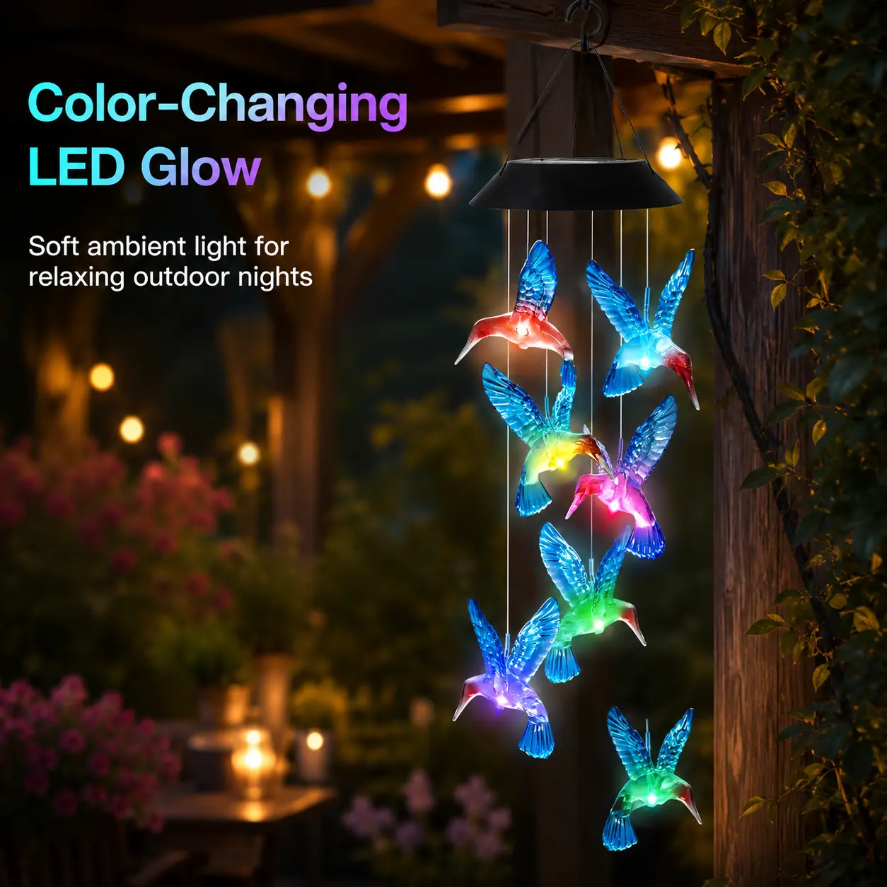 Creative Bird Shaped Solar Wind Chimes, Vivid Hummingbird Design with Color Changing Twinkling LED Lights, Auto Solar Charging Outdoor Ornament, Beautiful Decor for Garden, Fence, Yard, Home & Landscape Arrangement