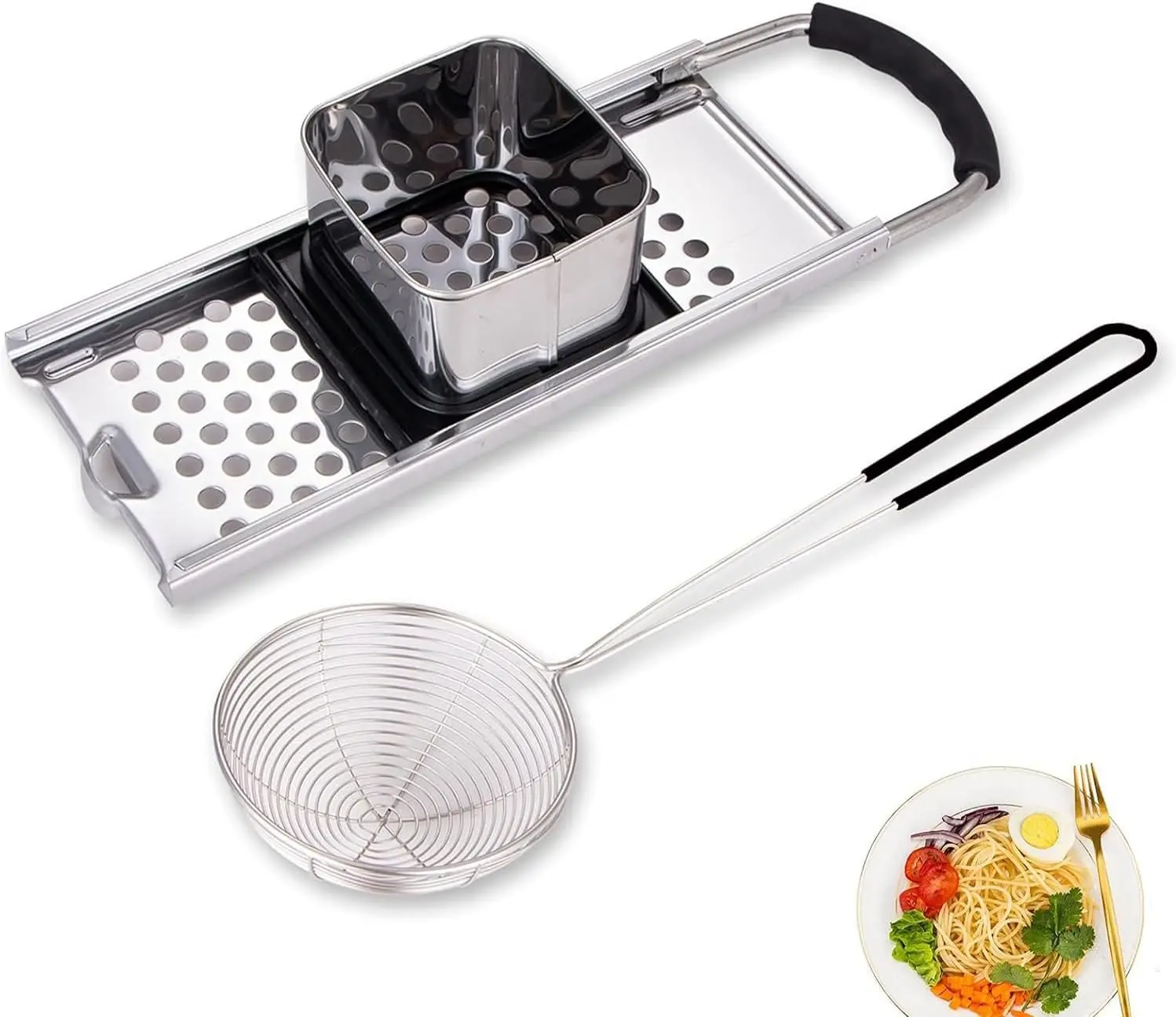 Premium Grade Stainless Steel Spaetzle Maker Widen Plastic Handle with Skimmer Spider Strainer Homemade Egg Noodle Dumpling Perfect Sized for pots and Pans Making Tool