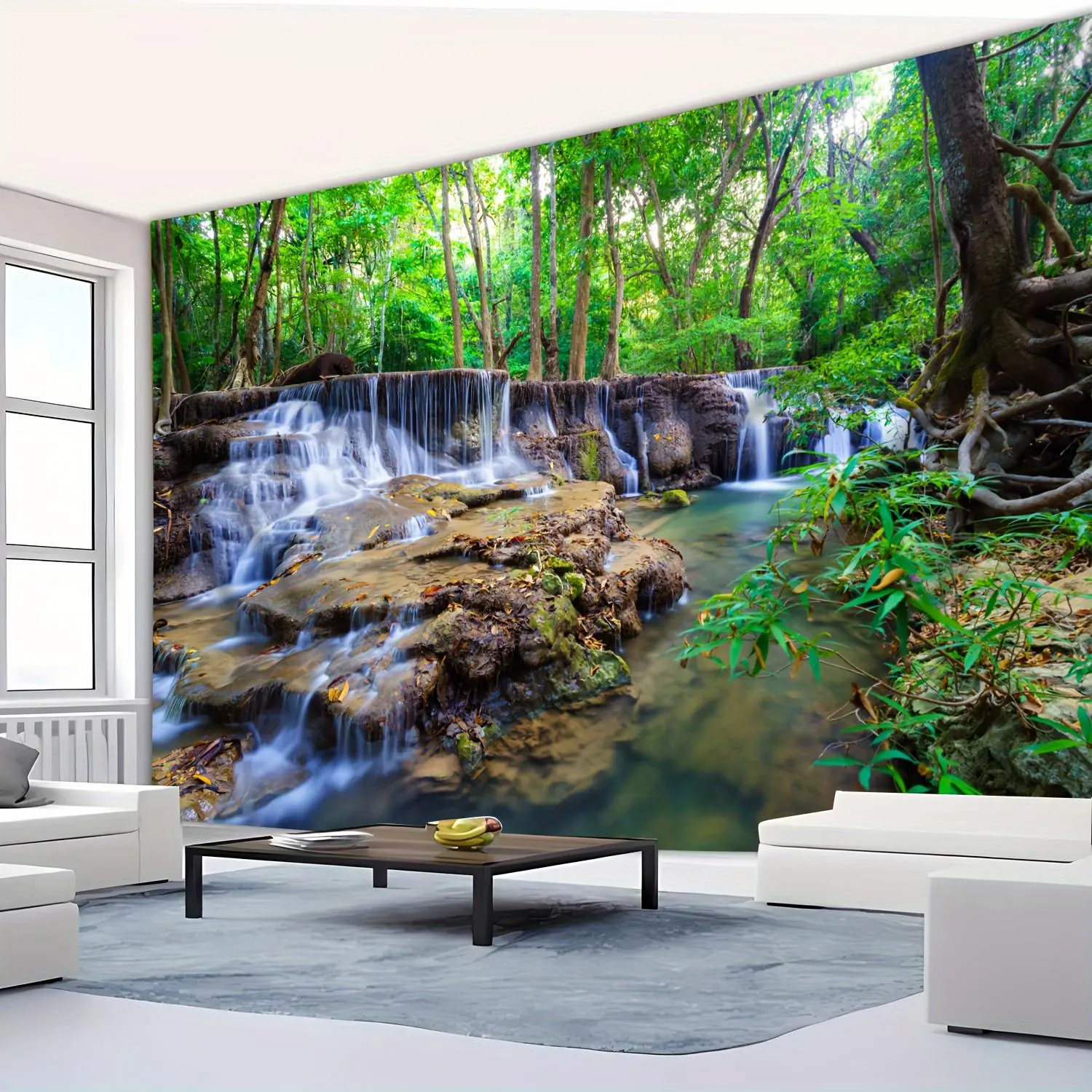 1pc Ultra-Large Polyester Tapestry, Mountain Stream Forest Waterfall Scene Design with Free Hanging Clips, Washable Fabric Home Decor for Living Room, Party Backdrop & Live Streaming Background