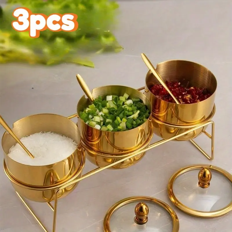 Gold/silver Color Stainless Steel Spice Container with Glass Lid & Spoon, Washable Wide Mouth Design, Multi-Purpose Dispenser for Kitchen Storage, Food Storage, Preserving Containers, Food Containers with Lids, Spice Jars