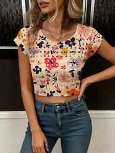 Women's Vintage Floral Knit Sweater, Round Neck Short Sleeve, Elegant Casual Top, Breathable Mesh Design, Spring Summer Fall Clothing