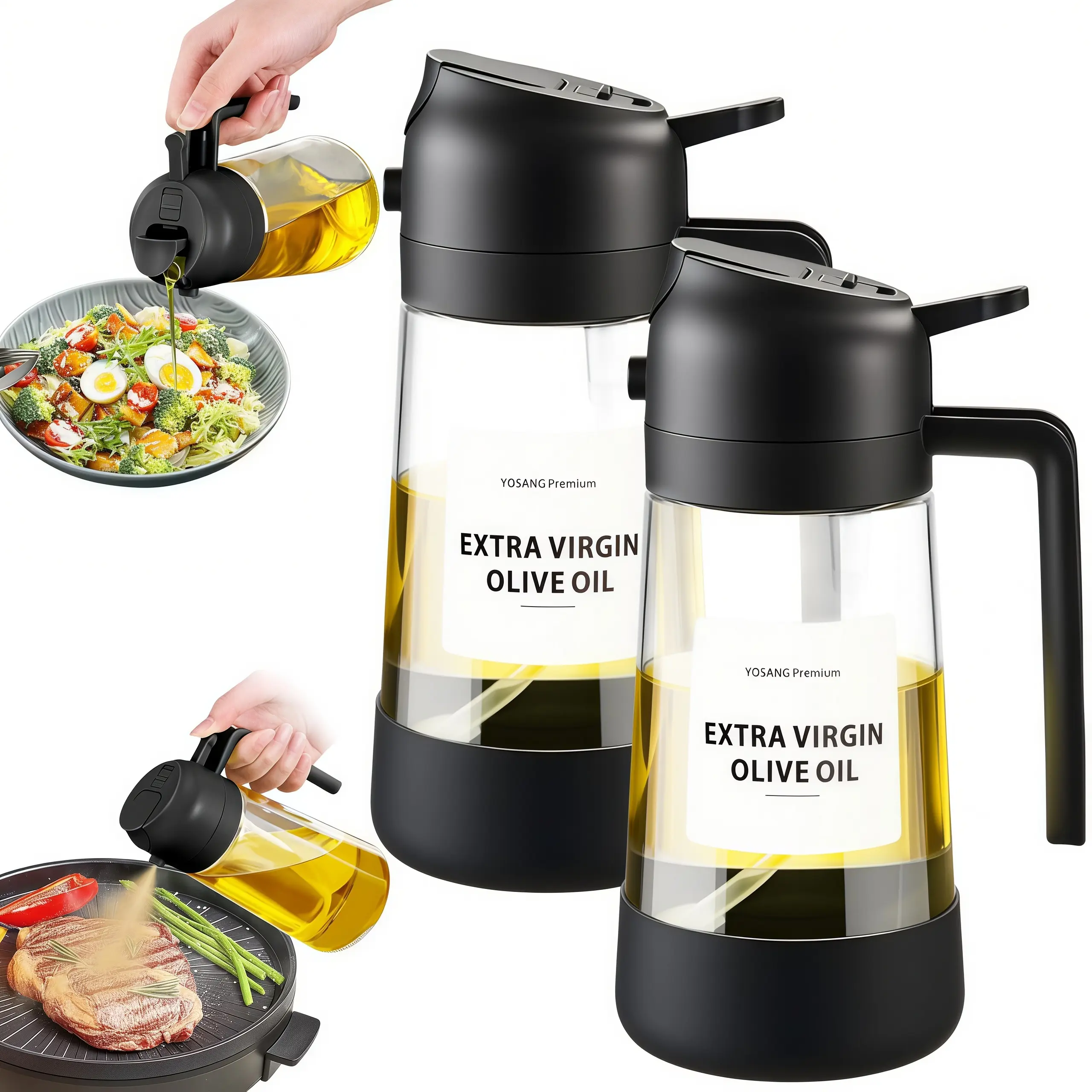 LMMAKE 2PCS Sturdy 2-in-1 Glass Oil Sprayer-Pump Dispensers, Kitchen Gadgets with Labels, Detachable Kitchen & Air Fryer Accessories