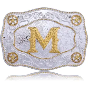 Western Belt Buckles Initial Letters ABCDJMR to Z Large Gold Rodeo Cowboy Belts Buckle for Men Women