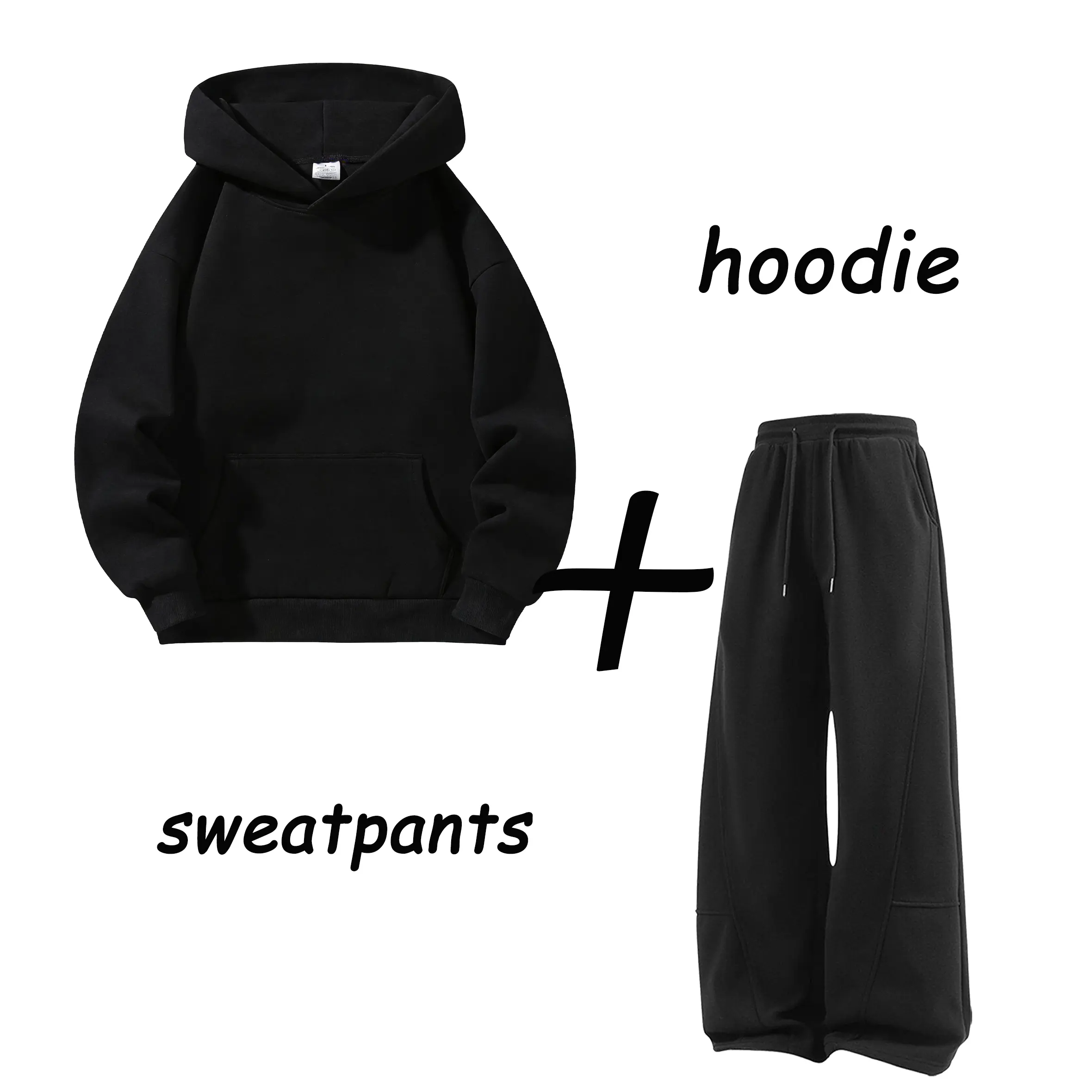 Men's 2-Piece Baggy Oversized Athletic Menswear Set - Long Sleeve Solid-Color Hooded Sweatshirt with Kangaroo Pocket, Wide Drawstring Elastic Waistband Sweatpants, Suitable for Daily Commuting, Campus, Plain, Casual