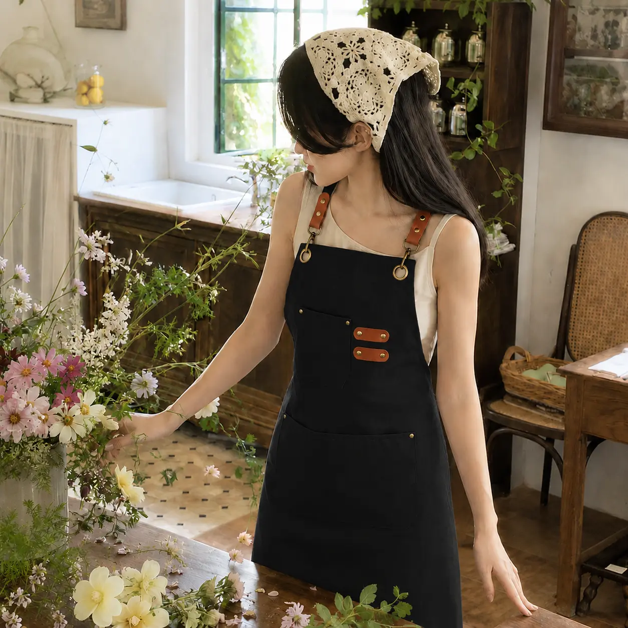 Women’s Canvas Cross Back Work Apron, Adjustable Chef Apron with Large Pockets & Leather Accents, Durable Kitchen Cooking Apron for Florist, Baking, Gardening, Crafting, Artist, Barista & Café